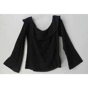 Womens Bell Sleeve Knit Top Wide Neck XXL Elastic Ruffle Sheer Crop Minimal Boho